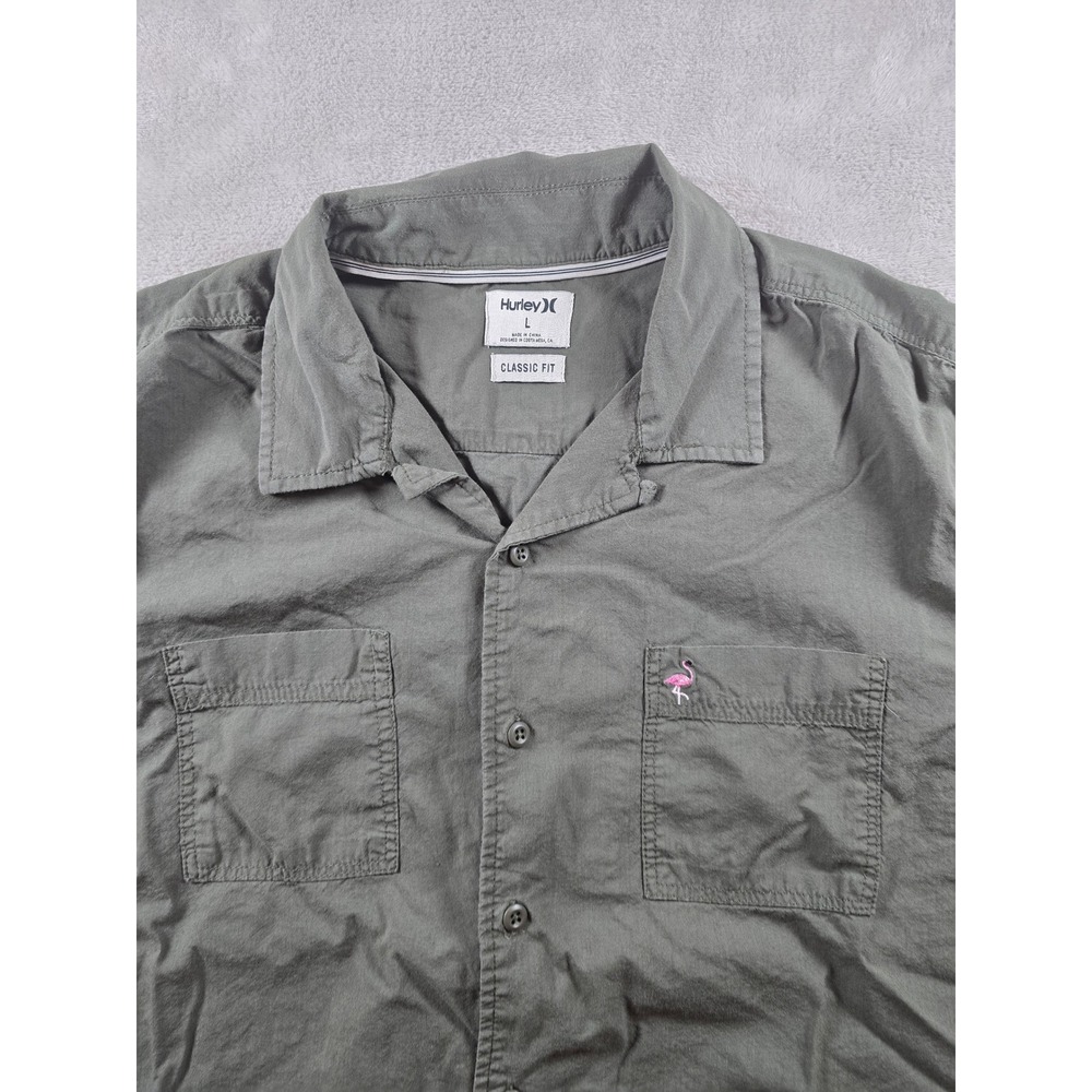 Hurley Shirt Mens L Grey Green Flamingo Classic Fit Short Sleeve‎ Button Up